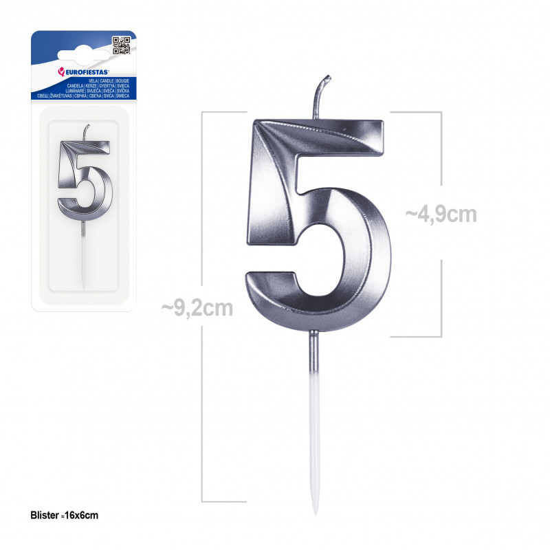 Candela a forma di numero 5, color argento