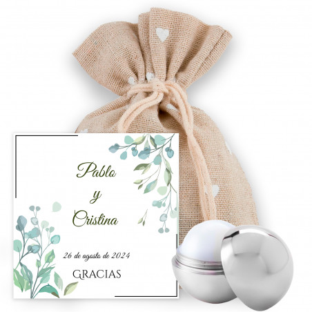Balsamo per labbra con biglietto di promemoria personalizzato in un sacchetto di stoffa per bomboniere di nozze