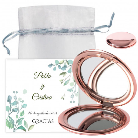 Specchio doppio in oro rosa con biglietto di promemoria in sacchetto di organza per i dettagli