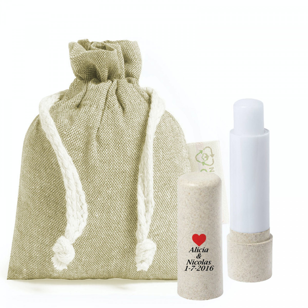 Balsamo per labbra personalizzato con borsa rustica per matrimonio