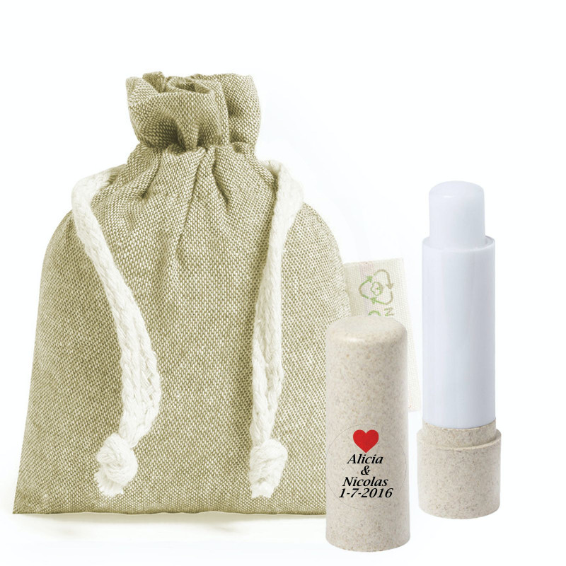 Balsamo per labbra personalizzato con borsa rustica per matrimonio
