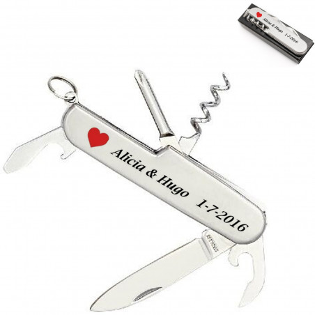 Coltello multiuso in argento con adesivo a forma di cuore personalizzabile per invitati maschili al matrimonio