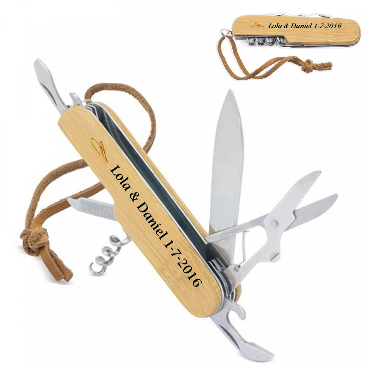 Coltello multiuso in bambù con adesivo personalizzabile per matrimonio