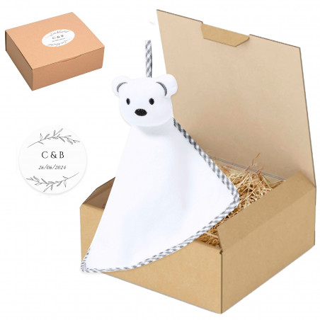 Peluche Dou-dou per neonati presentato in una scatola personalizzata per i dettagli