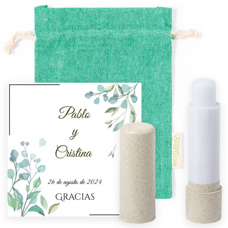 Balsamo per le labbra con biglietto promemoria personalizzato in una borsa regalo in cotone riciclato