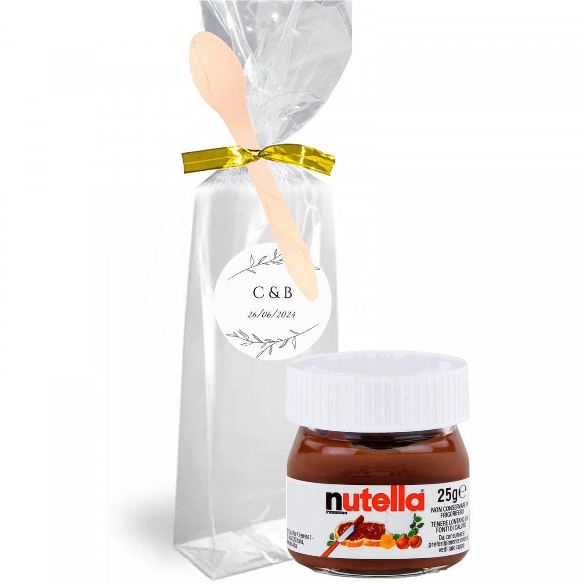 Nutella 25 g. in sacchetto trasparente personalizzato con chiusura e cucchiaio di legno per dettagli