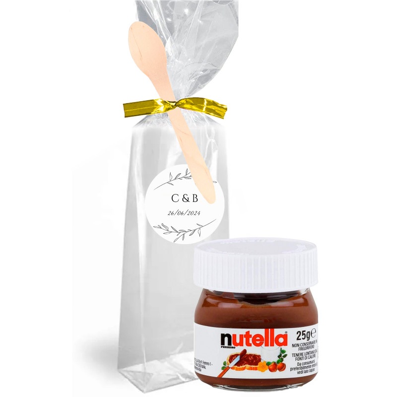 Nutella 25 g. in sacchetto trasparente personalizzato con chiusura e cucchiaio di legno per dettagli