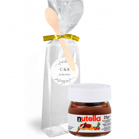 Nutella 25 g. in sacchetto trasparente personalizzato con chiusura e cucchiaio di legno per dettagli