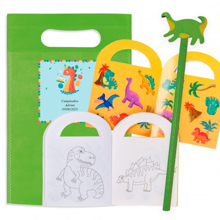 Libro da colorare sui dinosauri con adesivi e matita in una borsa regalo personalizzata