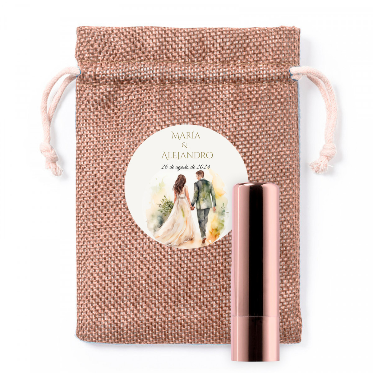 Balsamo labiale rosa metallizzato in borsa di stoffa personalizzata per dettagli