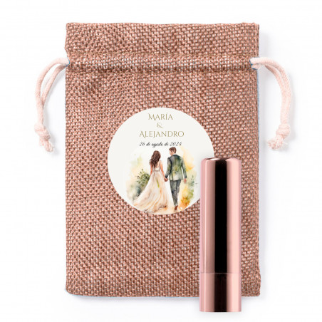 Balsamo labiale rosa metallizzato in borsa di stoffa personalizzata per dettagli