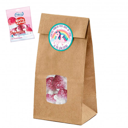Borsa con fragole di gelatina con adesivo personalizzato per dettagli