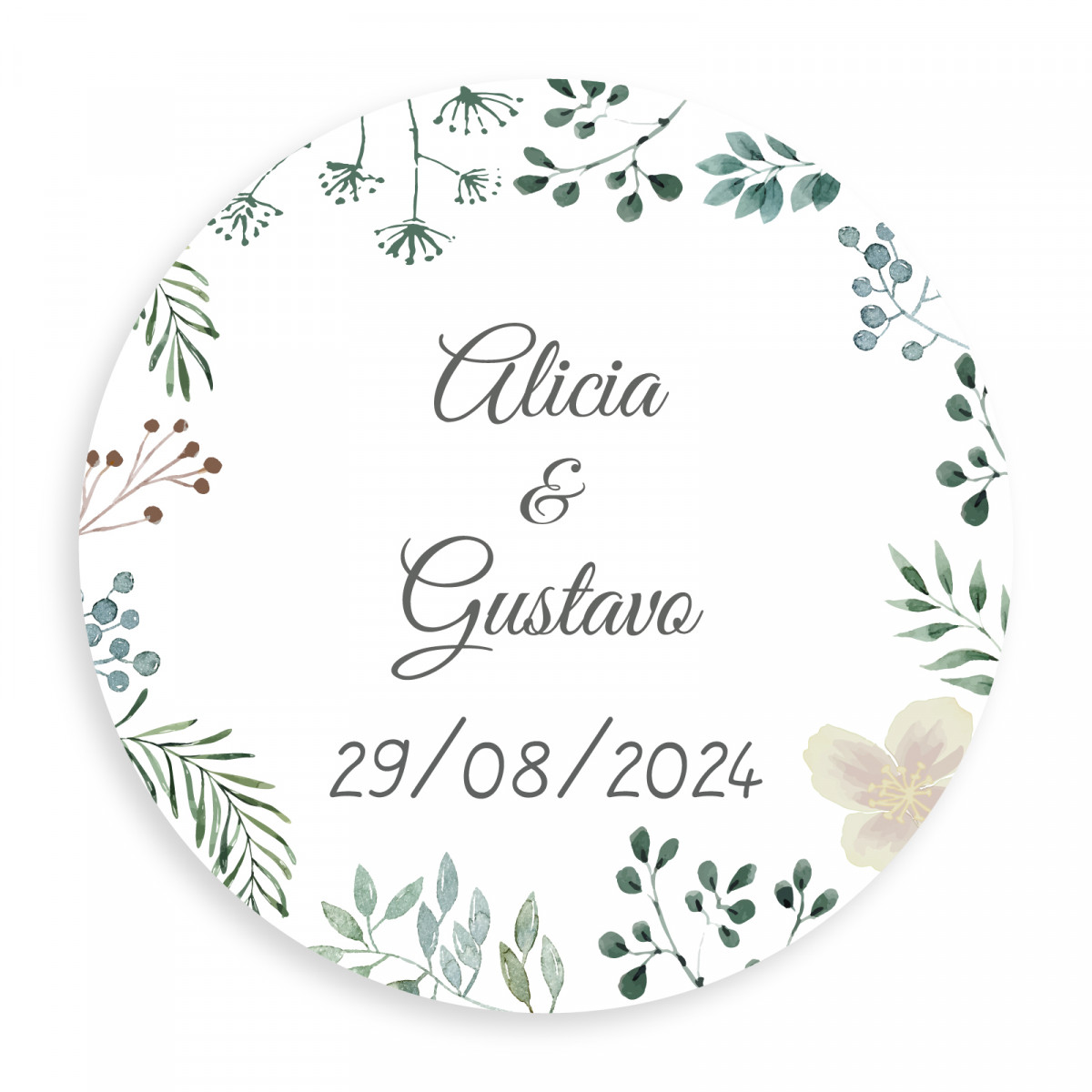 Adesivo minimalista personalizzabile rotondo da 3 cm per matrimonio a base di erbe
