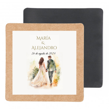 Magnete quadrato in cartone riciclato da 6 cm. con adesivo speciale per matrimonio
