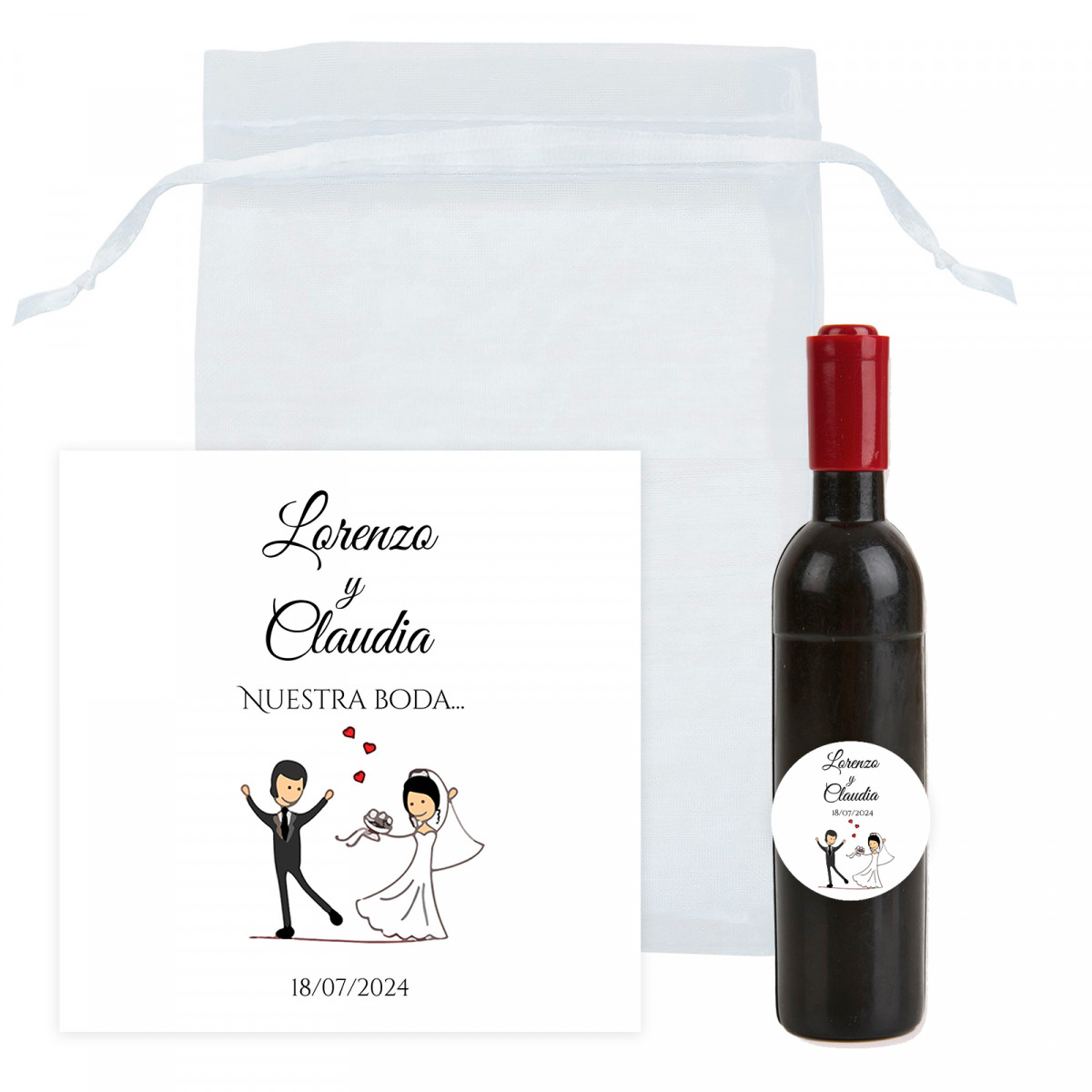 Cavatappi a forma di bottiglia di vino personalizzato con biglietto di ringraziamento in borsa di organza per dettagli di