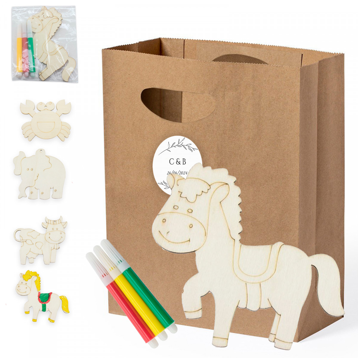 Figures en bois à colorier avec des marqueurs dans un sac avec un autocollant personnalisé pour les détails