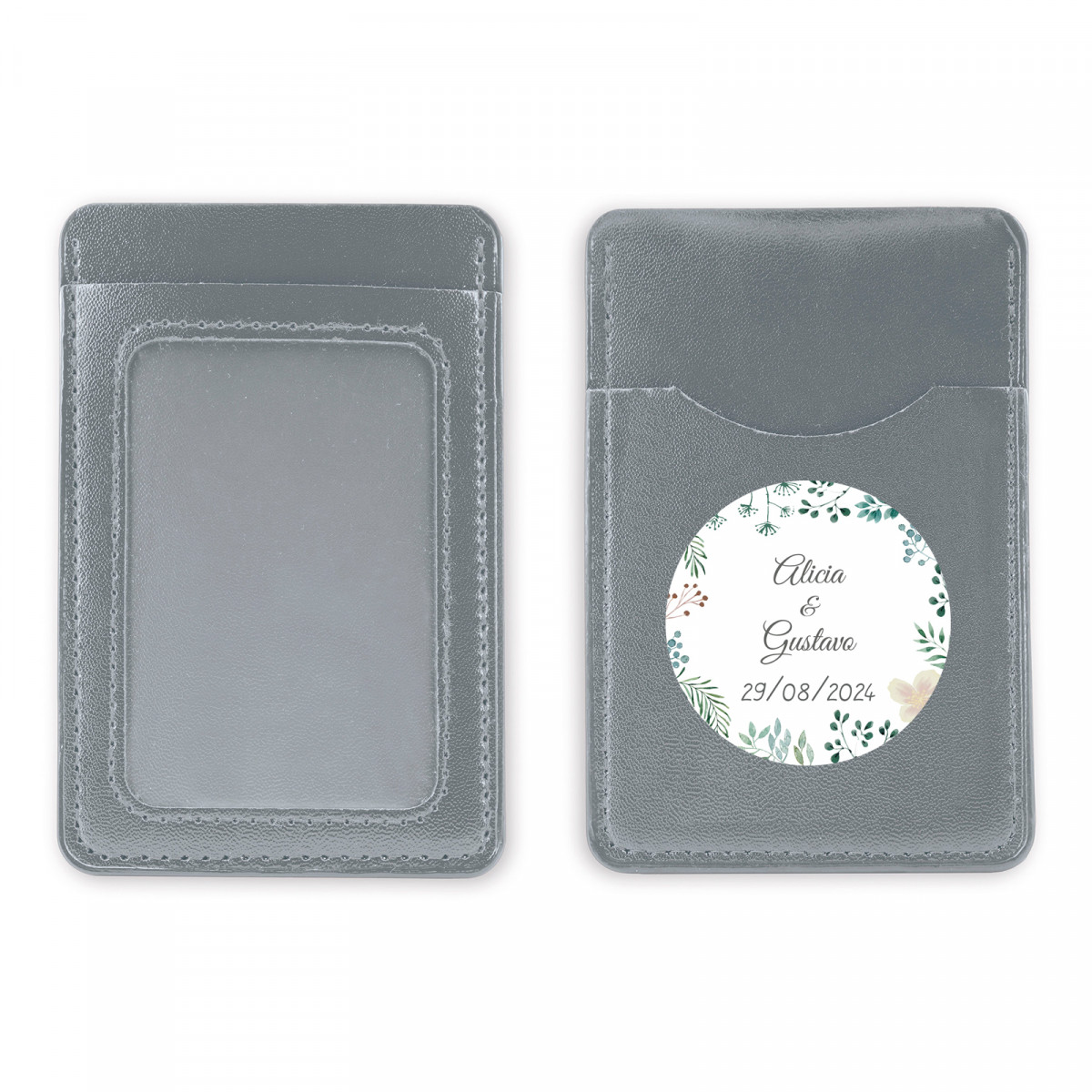 Portacarte in argento con adesivo erboristico personalizzato