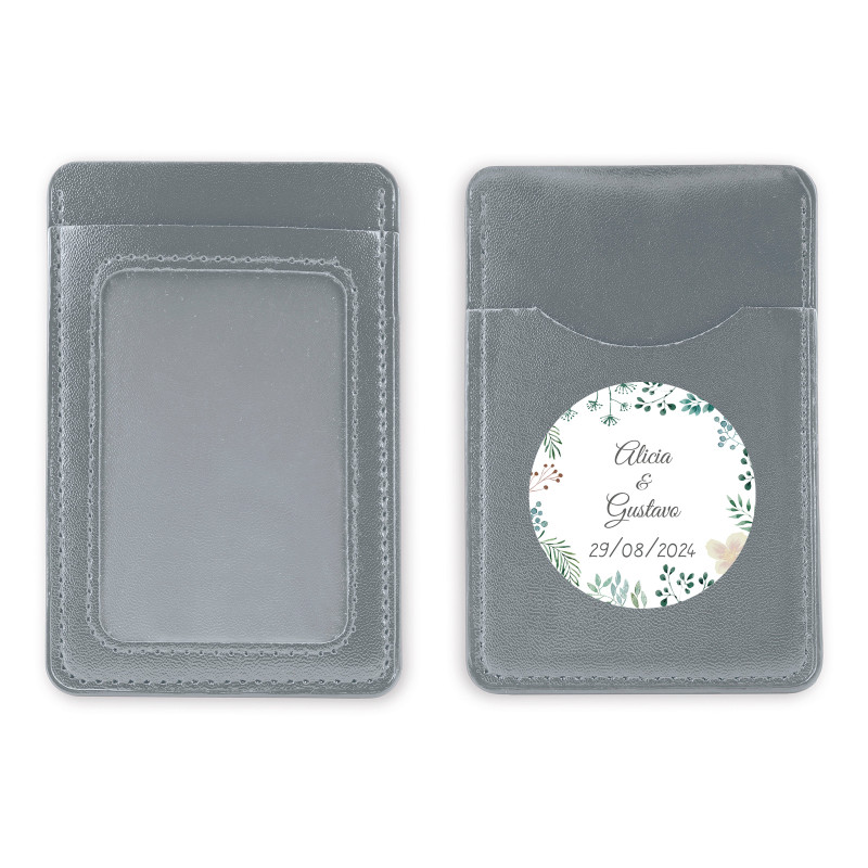 Portacarte in argento con adesivo erboristico personalizzato