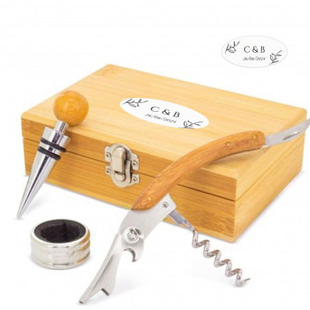 Scatola di bambù con set da vino e adesivo personalizzato per i dettagli