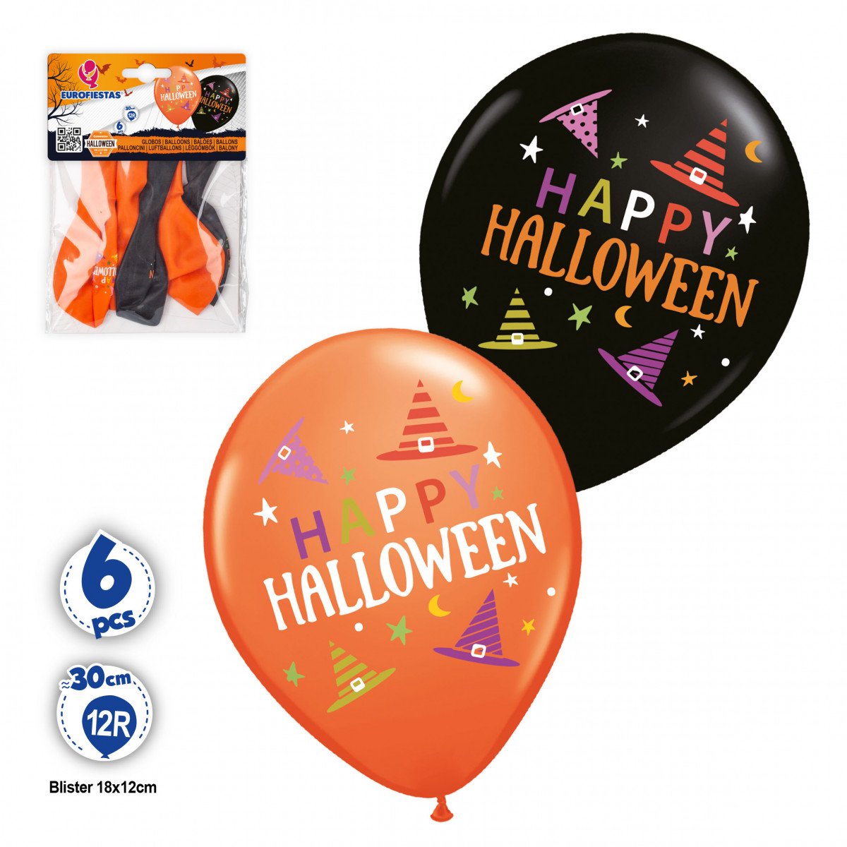 Palloncini di lattice arancioni e neri per Halloween in confezione da 6 unità