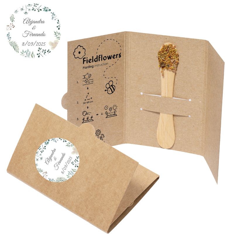Semi di fiori di campo su bastoncini da piantare con adesivi personalizzabili ideali come regalo.