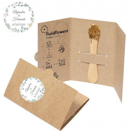Semi di fiori di campo su bastoncini da piantare con adesivi personalizzabili ideali come regalo.