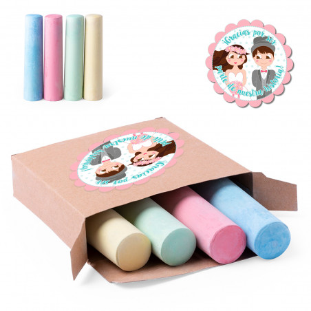 Gessetti colorati in scatola con adesivo personalizzato per dettagli nozze
