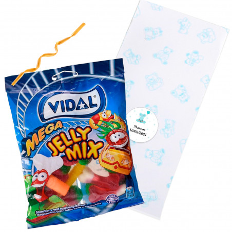 Mix di caramelle in sacchetto di orsetti blu con chiusura dorata e adesivo personalizzato per battesimo