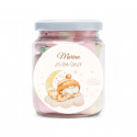 Barattolo di dolci marshmallow con adesivo personalizzato per battesimi