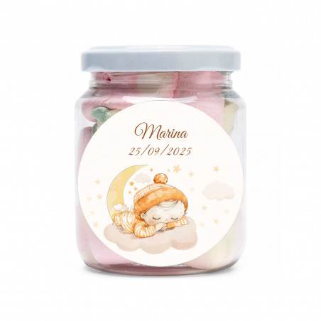 Barattolo di dolci marshmallow con adesivo personalizzato per battesimi