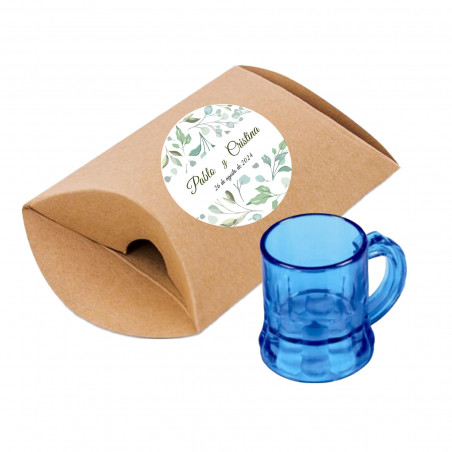 Bicchierino da shot blu in una scatola kraft personalizzata