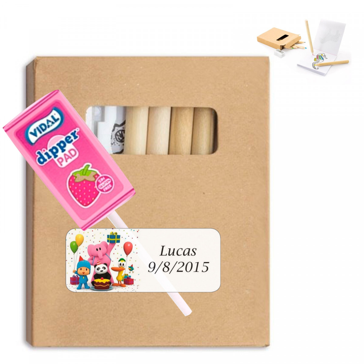 Scatola con matite colorate e temperino con mestolo per fragole e adesivo personalizzato Pocoyo per i dettagli