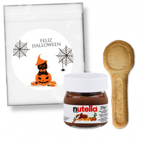 Nutella in un piccolo barattolo con un cucchiaio per biscotti, presentato in un sacchetto personalizzato con un adesivo di