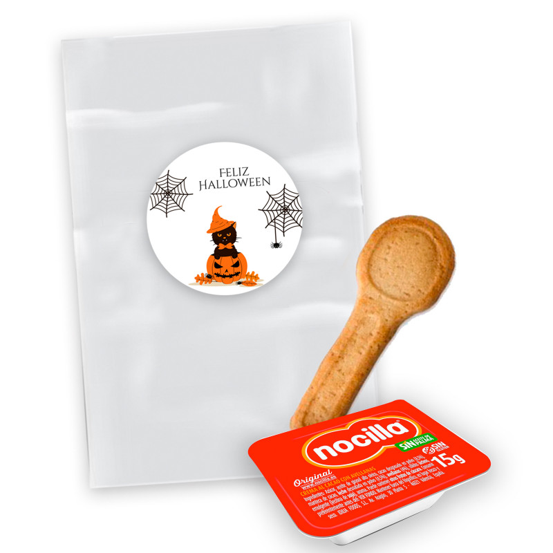 Mini Nocilla 15g con cucchiaio per biscotti in sacchetto trasparente con adesivo personalizzato di Halloween per i dettagli