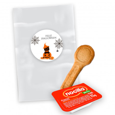Mini Nocilla 15g con cucchiaio per biscotti in sacchetto trasparente con adesivo personalizzato di Halloween per i dettagli