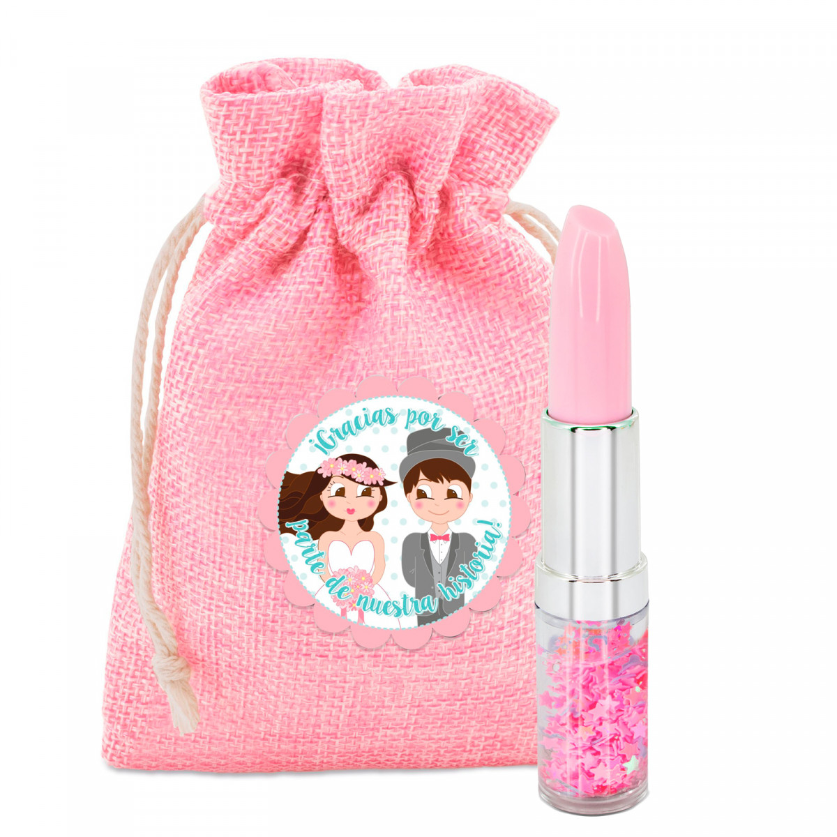 Penna rossetto in sacchetto di stoffa rosa con adesivo personalizzato per i dettagli