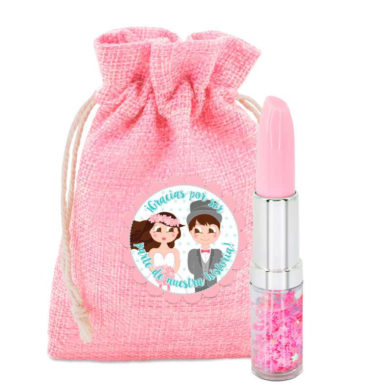 Penna rossetto in sacchetto di stoffa rosa con adesivo personalizzato per i dettagli