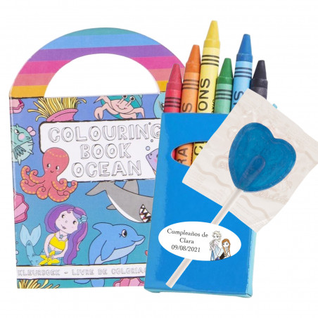 Libro da colorare con adesivi e pastelli colorati più lecca-lecca blu personalizzato con adesivo Frozen