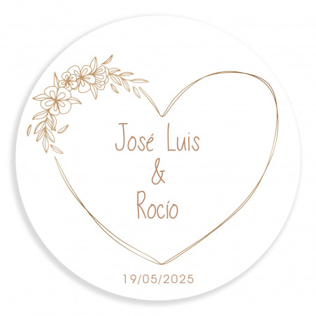 Adesivo a forma di cuore rotondo personalizzabile da 5 cm con linee minimaliste per matrimoni