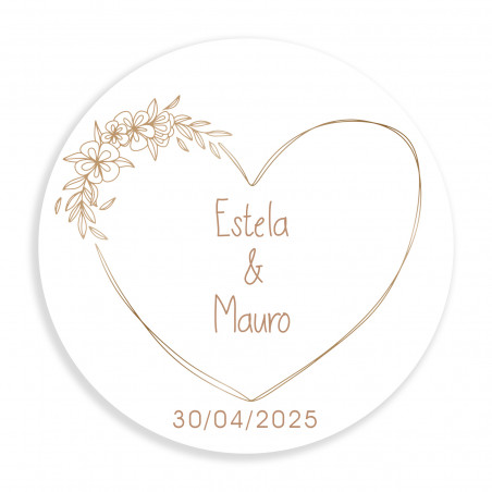 Adesivo a forma di cuore rotondo personalizzabile da 3 cm con linee minimaliste per matrimoni
