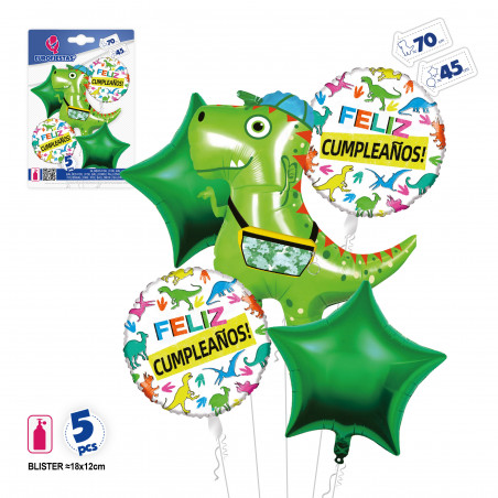 Palloni di dinosauri in confezione da 5 unità per compleanni