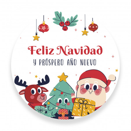 Adesivo natalizio personalizzabile con disegno di Babbo Natale e amici, rotondo, 5 cm
