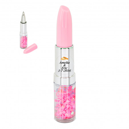 Penna rossetto rosa con adesivo personalizzato per dettagli matrimoni