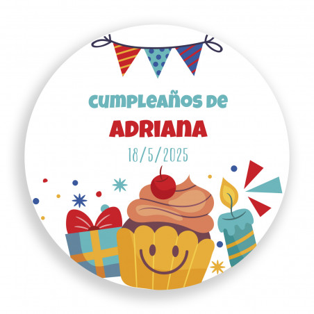 Adesivo di compleanno rotondo personalizzato da 5 cm con elementi animati e divertenti