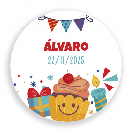 Adesivo di compleanno personalizzato, rotondo da 3 cm, con elementi animati e divertenti