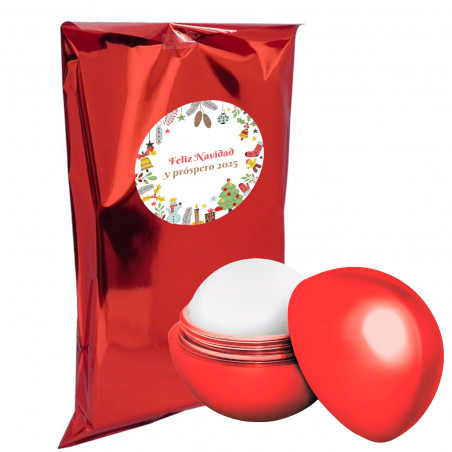 Balsamo labiale rosso sferico in busta metallizzata e adesivo personalizzato per Natale