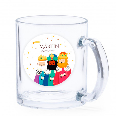 Tazza di vetro natalizia con adesivo personalizzabile dei Re Magi per i dettagli