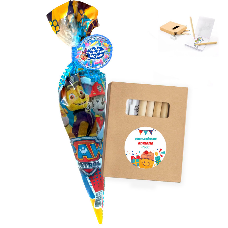 Scatola con disegni e colori per una colorazione personalizzata con un cono di caramelle per i dettagli