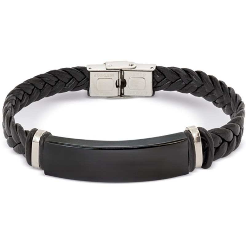 Bracciale nero in ecopelle e acciaio