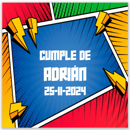 Adesivo quadrato 5x5cm stile fumetto di supereroi personalizzabile